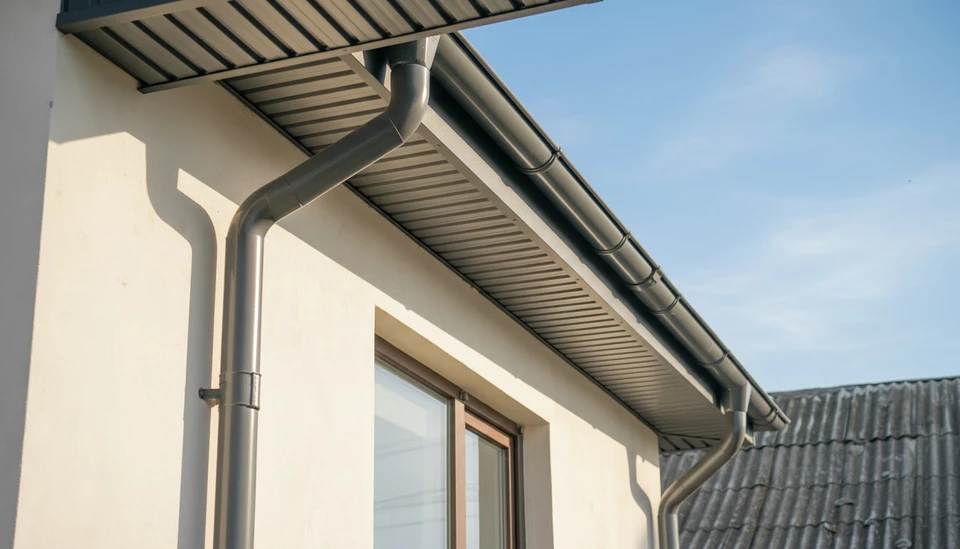 Façade extérieure d'une maison moderne avec toiture en tuiles canal terre cuite et gouttière métallique apparente