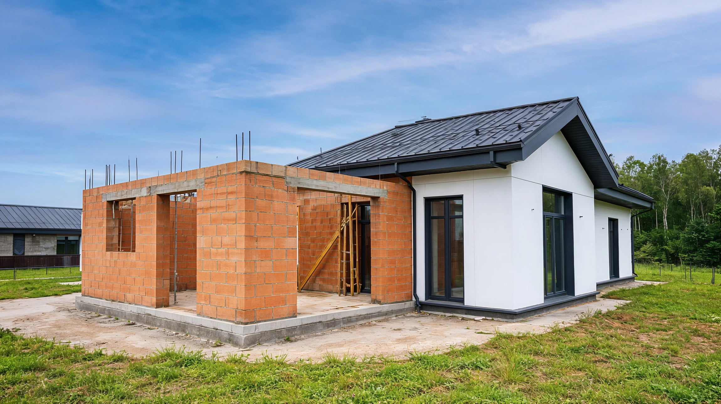 Vue aérienne d'une maison en brique avec toit en bois en construction